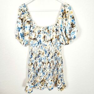 NSR | Smocked Balloon Sleeve Mini Dress Ivory Blue Large